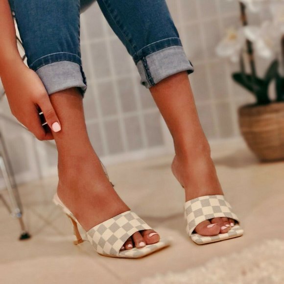 Cape Robbin Shoes - New🔥 Gray Ivory Checkered Print Square Open Toe Mules Sandal Stiletto Med Heel